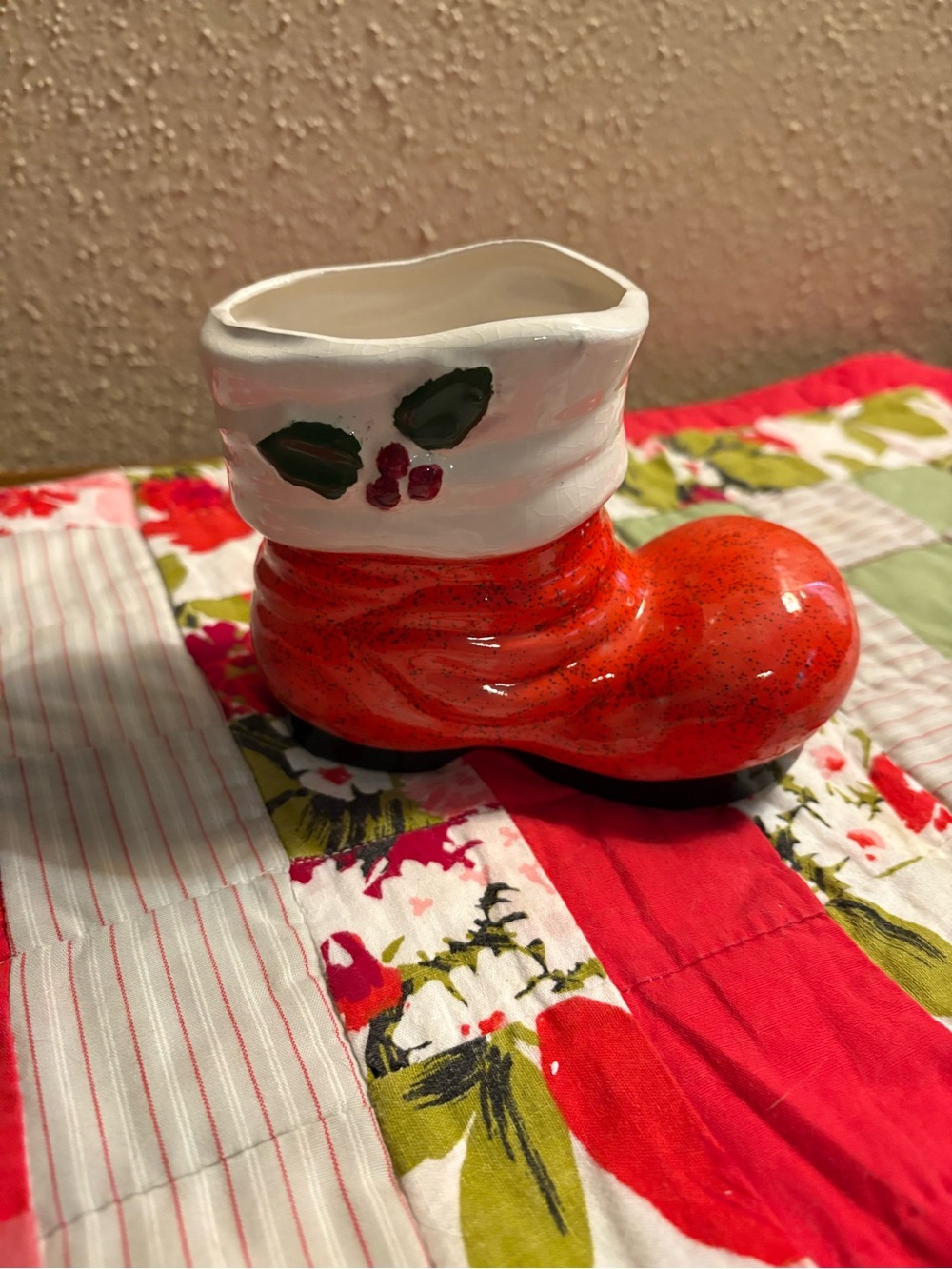 Vintage Ceramic Christmas Boot Vase - Red and White